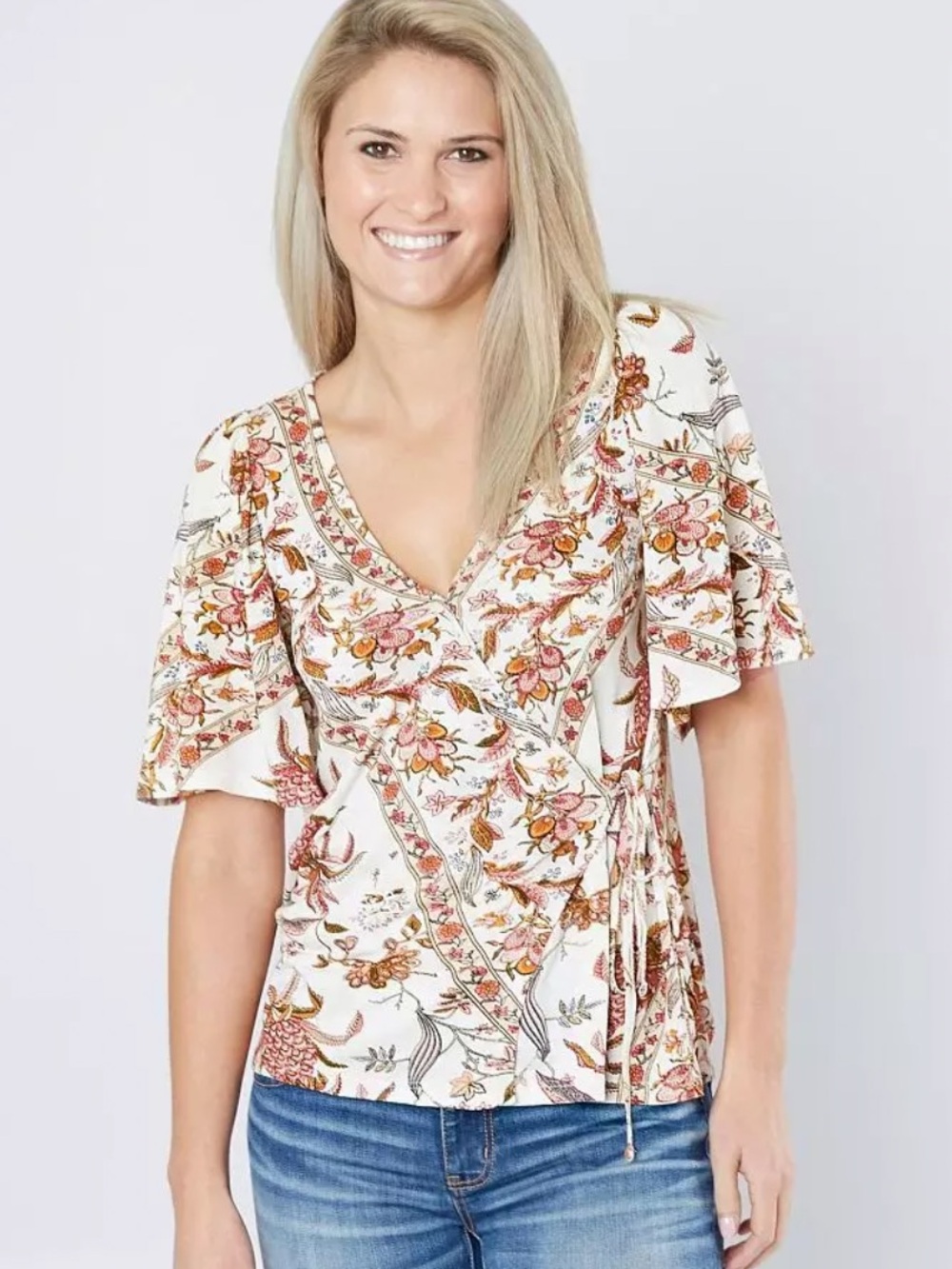 Lucky Brand Floral Wrap V-Neck Top in White and Rose